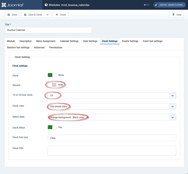 Module BuaXua Calendar default clock settings