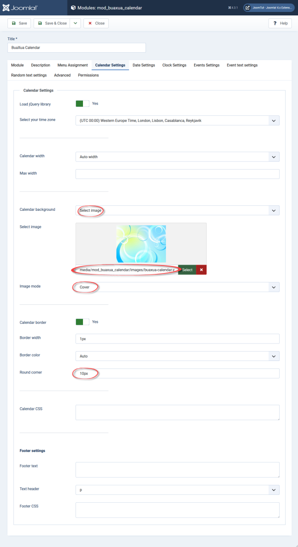 Module BuaXua Calendar default settings