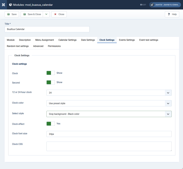 Module BuaXua Calendar default clock settings