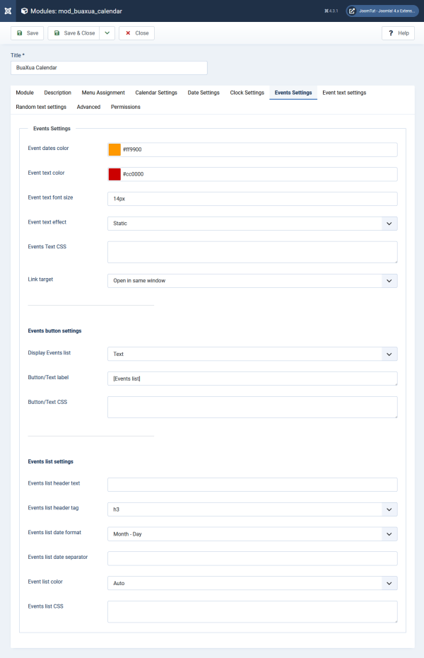 Module BuaXua Calendar default events settings