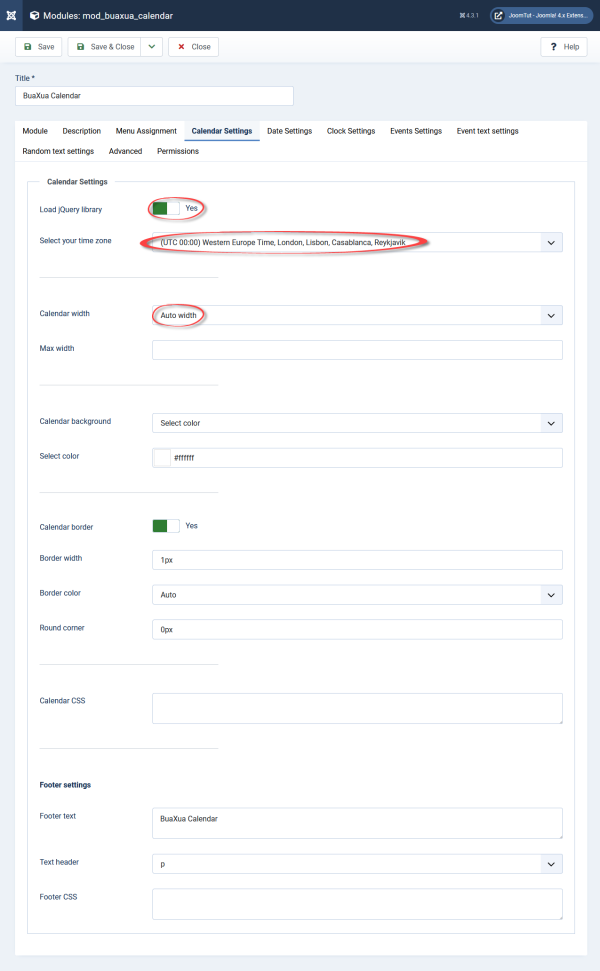 Module BuaXua Calendar default settings