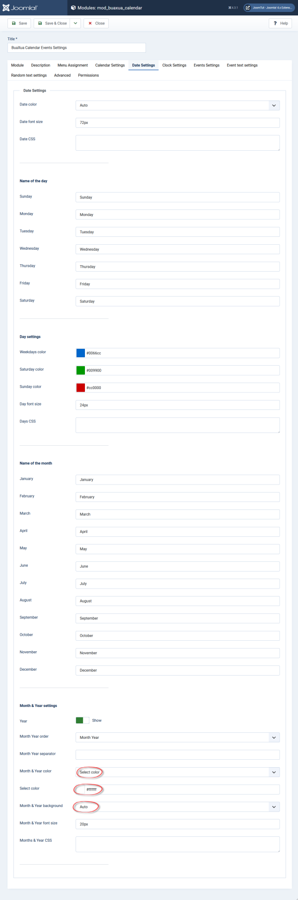 Module BuaXua Calendar date settings