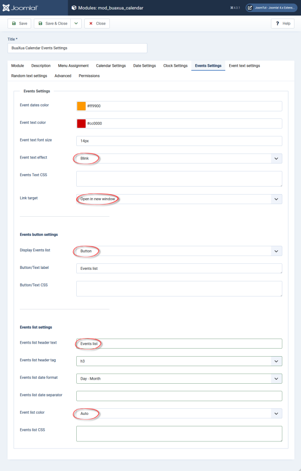 Module BuaXua Calendar events settings