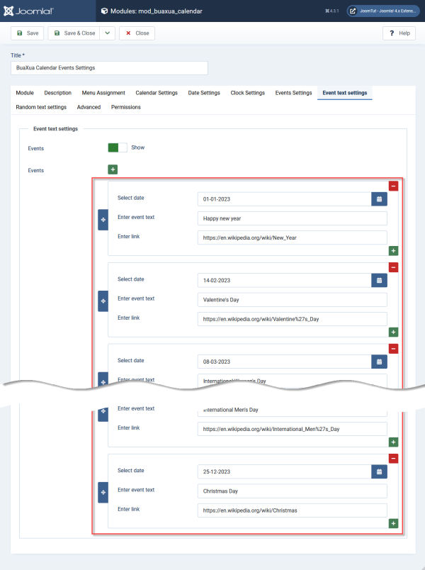 Module BuaXua Calendar events text settings