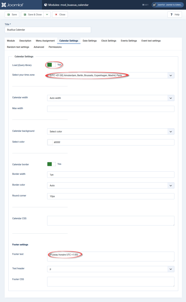 Module BuaXua Calendar settings