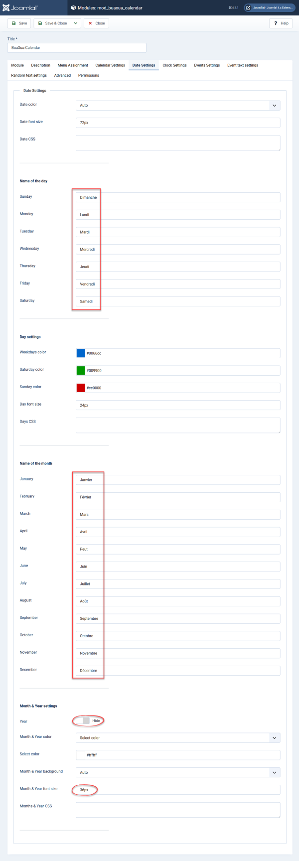 Module BuaXua Calendar date settings