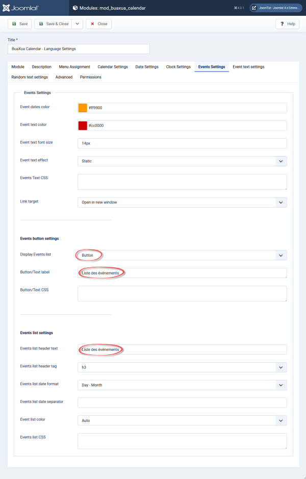 Module BuaXua Calendar events settings