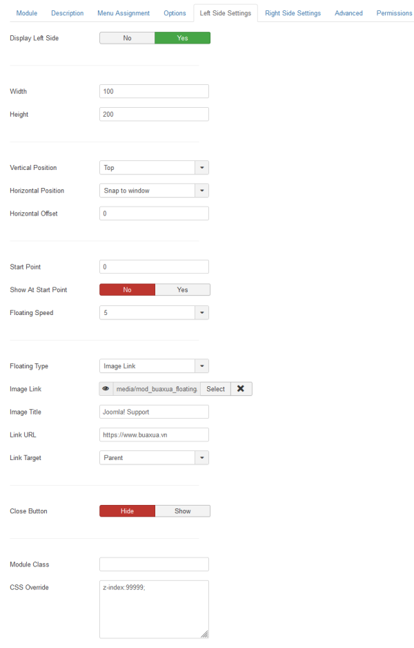 Module BuaXua Floating Left Side default settings