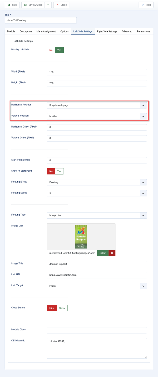 Module JoomTut Floating Left position settings