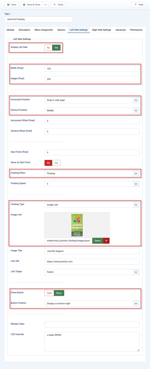 Module JoomTut Floating Custom Left Settings