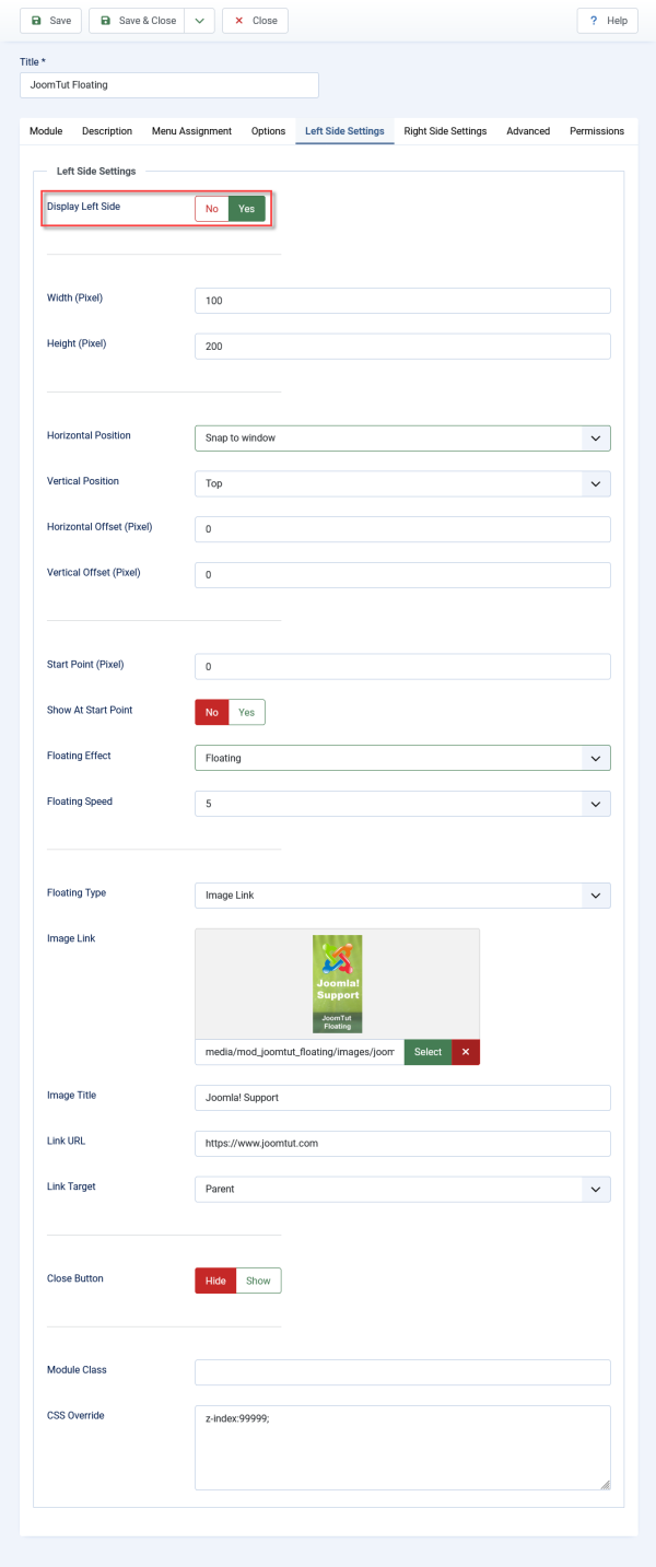 Module JoomTut Floating Default Left Settings