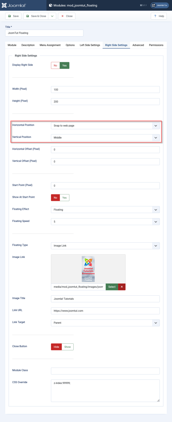 Module JoomTut Floating Right position settings