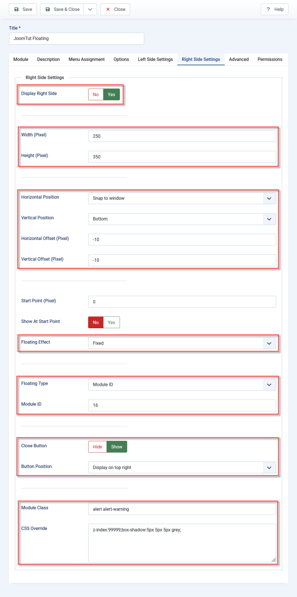 Module JoomTut Floating Custom Right Settings