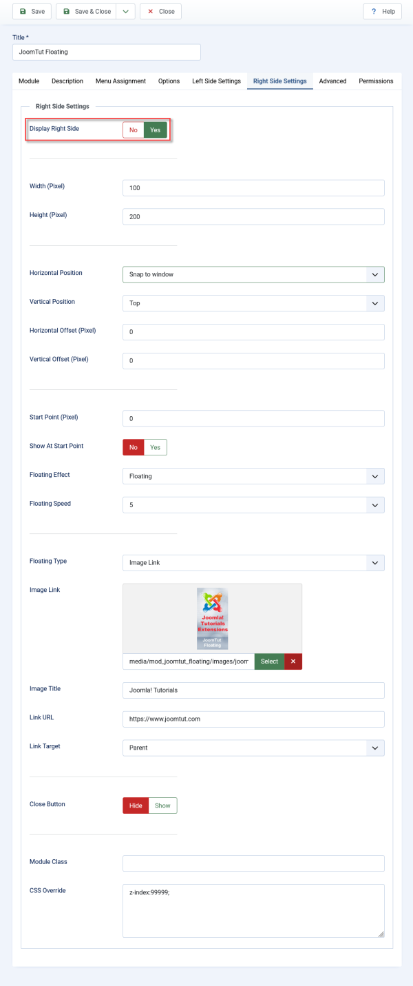 Module JoomTut Floating Default Right Settings