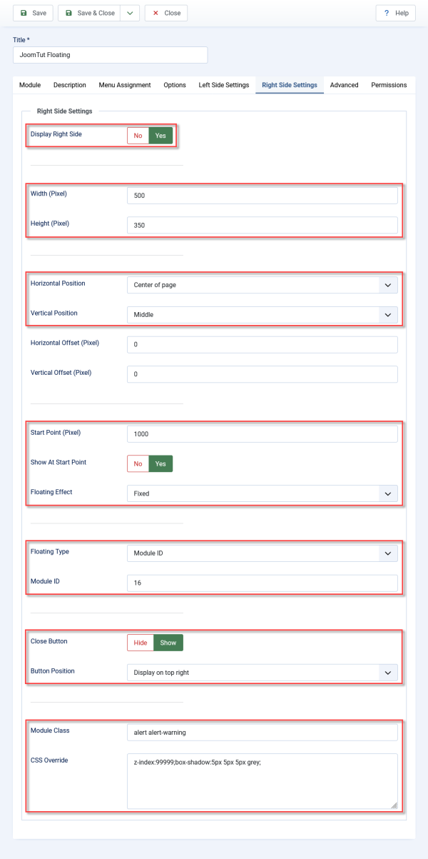 Module JoomTut Floating Start Point Settings