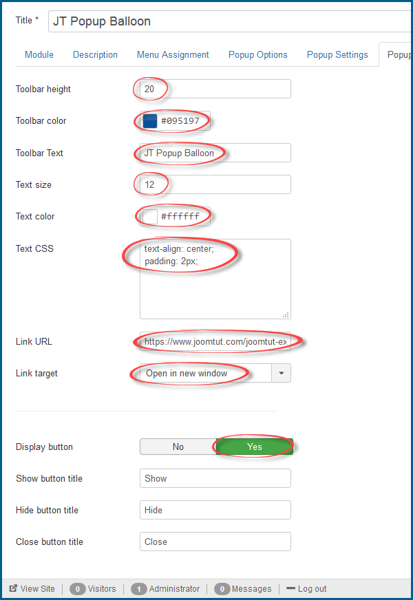JT Popup Balloon Pro Toolbar Settings