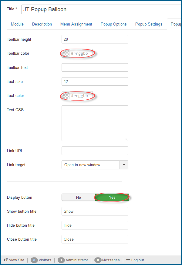 JT Popup Balloon Pro Toolbar Settings